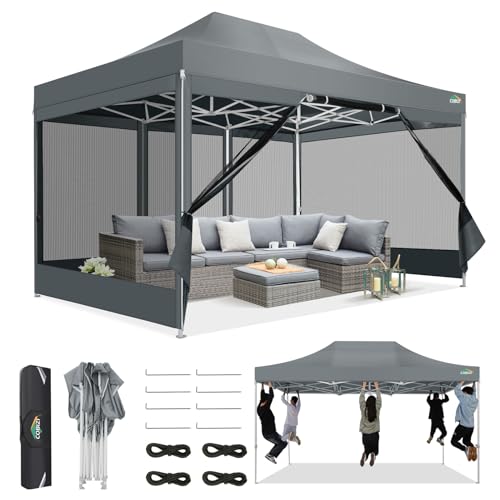 COBIZI 10x15 Heavy Duty Pop-Up Canopy Tent With Sidewalls, Waterproof Easy Setup, Mosquito Netting, Outdoor Instant Screen for Parties, Wedding, Backyard - Carry Bag Included, Gray - color: Gray, size: 10x15FT