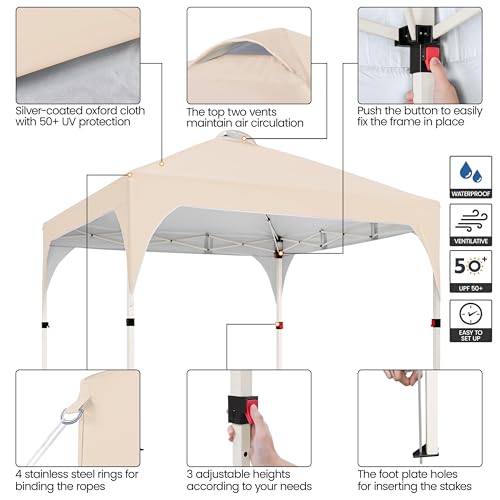 Yaheetech 10x10 Pop Up Canopy Tent with Vent, Easy Set Up Tent, Instant Sun Shelter Canopy with Wheeled Bag, 4 Sandbags, 12 Stakes & 4 Ropes, for Parties, Beach, Outdoor, Beige - color: Beige, size: 10x10