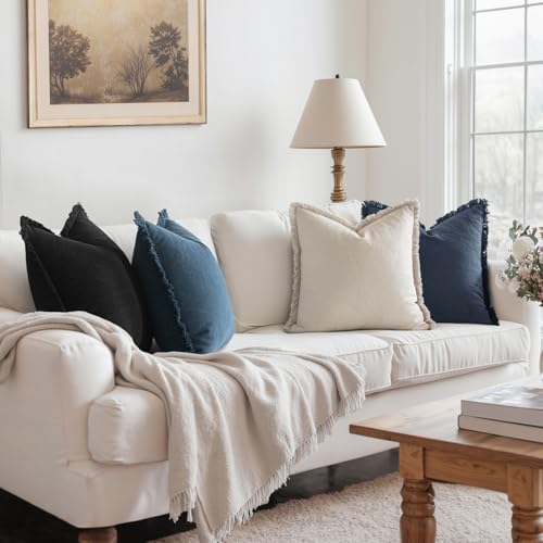 MIULEE Decorative Couch Pillow Covers Neutral Linen Fringe Throw Pillows Set of 4 Boho Farmhouse Cushion Modern Pillowcases for Bed Sofa Living Room Spring Home Decor 18x18 Inch Beige/Coastal Blue - color: Coastal Blue, size: 18" x 18" (Pack of 4)