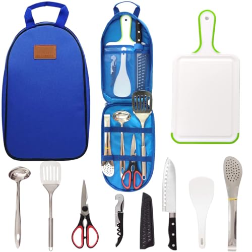 Camp Kitchen Utensil Organizer Travel Set Portable BBQ Camping Cookware Stainless Steel Utensils Travel Kit Outdoor Equipment Cutting Board Tongs Scissors Knife Ladle Spatula - color: Blue