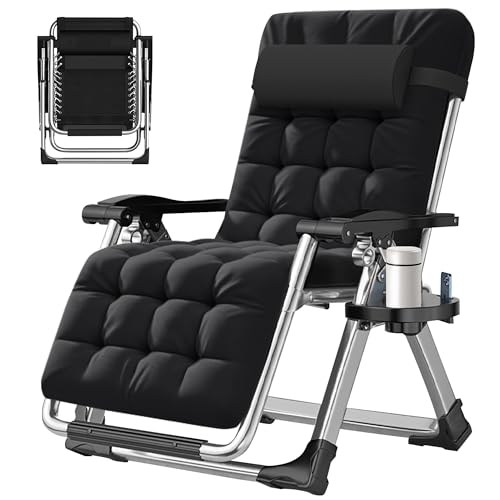 ABORON Zero Gravity Chair,Premium Outdoor Lawn Folding Lounge Chairs,Sturdy Adjustable Reclining Patio Chairs with Removable Cushion,Headrest & Tray - color: A Dark Black