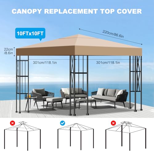 10x10 Gazebo Canopy Replacement Top, 300D High-Density Waterproof Single Layer Gazebo Cover with Heavy Duty Sun Shade Canopy, Folded UV Blocking Canopy Roof for Outdoor Patio Garden Tent Top (Khaki) - color: Khaki
