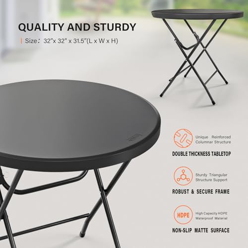 VINGLI 32" Round Folding Commercial Banquet Table, Portable Plastic Coffee Card Dining Table for Kitchen or Outdoor Party Wedding Event, 1 Pack, Black - color: Black