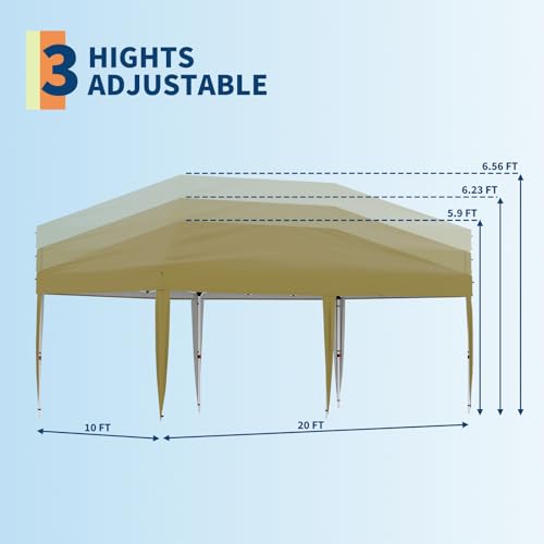 10x20 Pop Up Canopy - Easy Up Camping Tent with One Roller Bag, 3 Adjustable Height, 4 Weight Bags for Deck, Garden, Sports, Beach, Party - Khaki - color: Khaki, size: 10x20