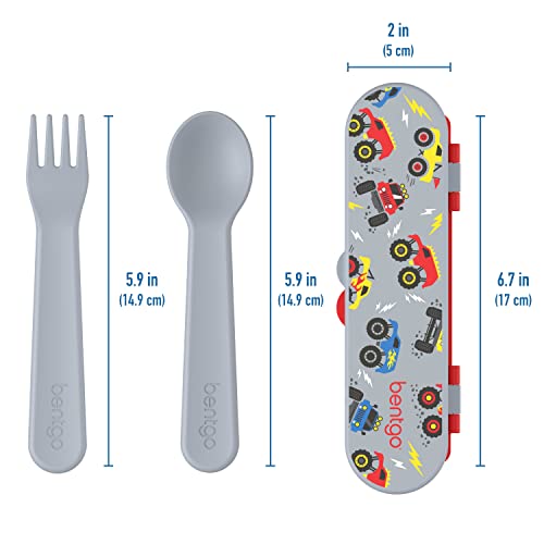 Bentgo Kids Utensil Set - Reusable Plastic Fork, Spoon & Storage Case - BPA-Free Materials, Easy-Grip Handles, Dishwasher Safe - Ideal for School Lunch, Travel, & Outdoors (Trucks) - color: Trucks