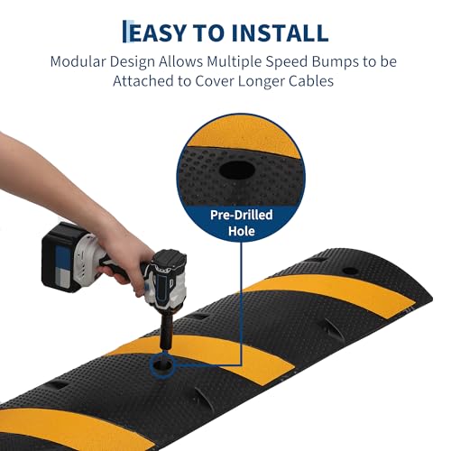 6FT (72") Rubber Speed Bump, 2-Channel Cable Protector Ramp, 1 Set (1 Bump + 2 End Caps), Heavy Duty Industrial Grade for Driveway, Parking Lot, Road