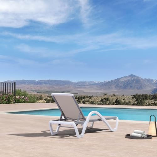 PURPLE LEAF Patio Chaise Lounge Chair with Armrests Outside Aluminum Plastic Stackable Tanning Chairs for Pool Sunbathing Beach Deck Outdoor Lounger, Khaki - color: Khaki, style: 1 chair(w/Arms)