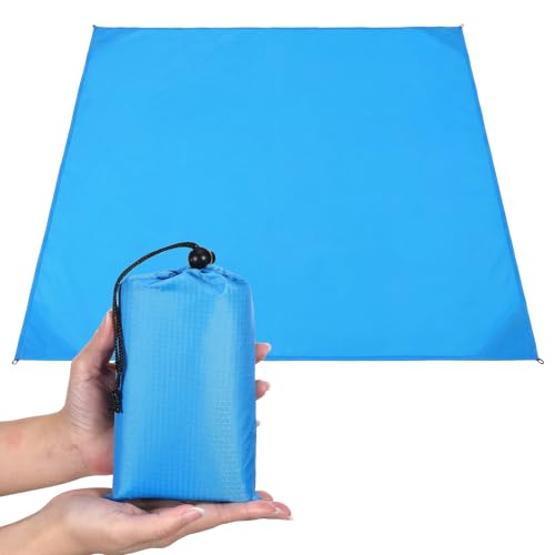 Pocket Picnic Blanket, Sandproof Lightweight Pocket Camping Tarp, 55″x 60″ Foldable & Fits into Small Bag, Waterproof Foldable Blankets Picnic Mat for Beach, Camping Grass Lawn Park Accessories (Blue)