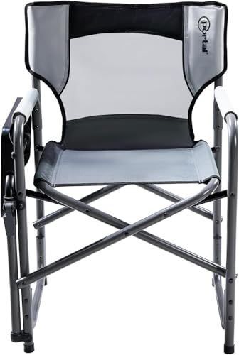 Portal Folding Director Chair with 2-Way Rotating Side Table, Heavy Duty 300 lb Camping Chair with Swivel Tray & Cup Holder, Ergonomic Mesh Back Portable Outdoor Seat for RV, Tailgating & Lawn, Grey