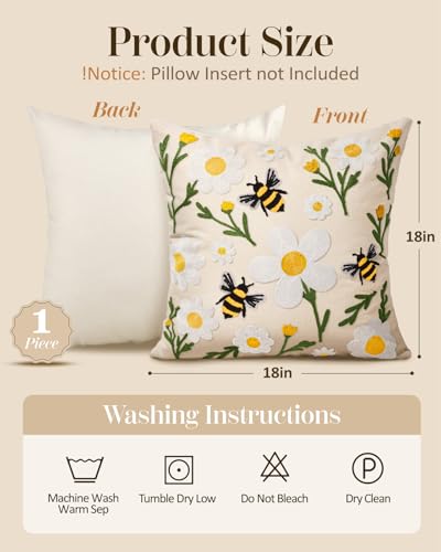 Embroidered Throw Pillow Cover 18x18 Inch - Spring Summer Boho Decorative Pillow Cover with Zipper for Living Room Couch Sofa Bed Aesthetic Design Flower Bee Cushion Pillowcase - color: Flower Bee, size: 18" x 18" (Pack of 1)