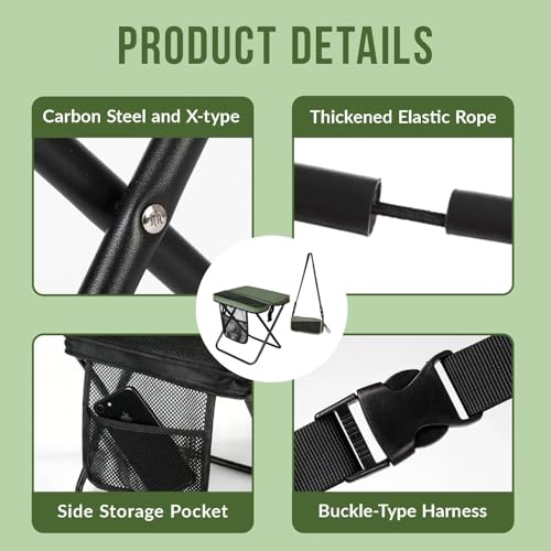 16" Portable Collapsible Stool - Folding Chair with Storage Pouch, Convertible Satchel for Hands-Free Carry & Supports 300Lbs, Ultralight for Hiking, Fishing, Camping, Festivals (Green, Large) - color: Green, size: Large