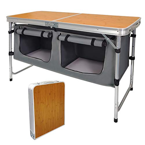 CampLand Outdoor Folding Table Aluminum Lightweight Height Adjustable with Storage Organizer for BBQ, Party, Camping - color: Bamboo