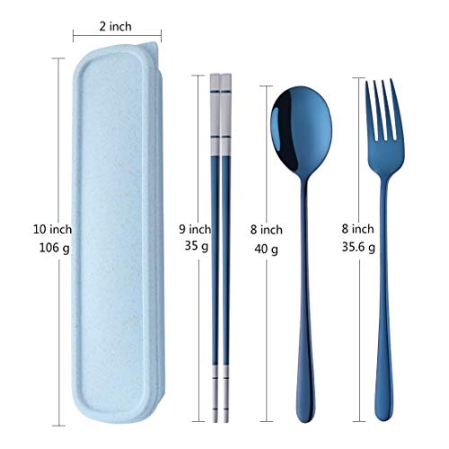 3 PCS Stainless Steel Travel Camping Flatware Set Fork Spoon Chopsticks with Portable Case, Blue - color: Blue