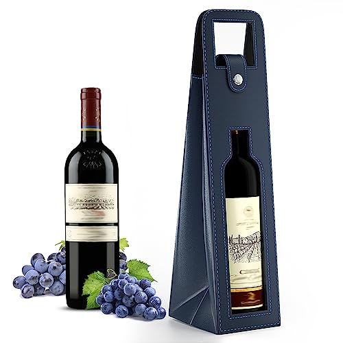 RYDDOY Wine Gift Bag, Reusable Leather Wine Tote Carrier, Single Bottle Champagne Beer Gift Bags Carrier for Birthday, Wedding, Picnic Party, Christmas festival Gifts (Blue) - color: B-Blue-16.1×3.5×3.5