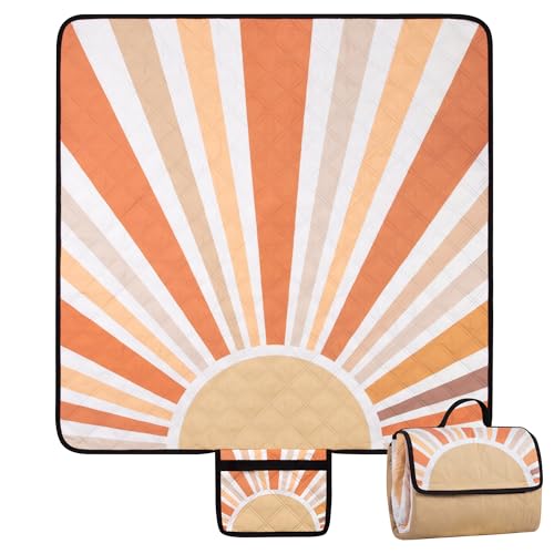 Picnic Blankets Waterproof,79''x79'' Extra Large Foldable Sandproof Beach Blanket,Portable 3-Layer Polyester Outdoor Picnic Blanket for Grass Lawn,Beach,Family Camping,Park,Travel-Starburst Orange - color: Starburst Orange
