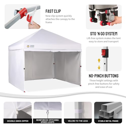 CROWN SHADES 10X10 Commercial Instant Canopy Pop Up Tent with Center Lock, 300D Fabric, 4 Sidewalls, Sto'N Go Bag, White - color: White, size: 10x10 Classic