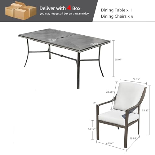 NATURAL EXPRESSIONS 7 Piece Patio Dining Table Outdoor Furniture Set for 6, 6Pcs Fixed Dining Chairs with Olefin Cushions, 65”Large Dining Table with Umbrella Hole - size: 7pcs with 6 Fixed Chairs