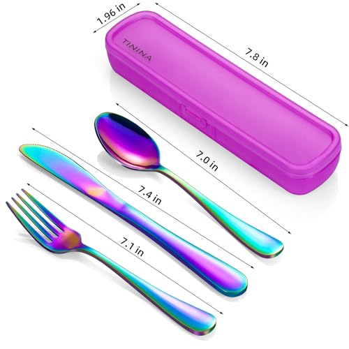 Travel Utensils with Case, 4-Piece Stainless Steel Portable Cutlery Set, Reinforced Case with Buckle Design, Lunch Box for Camping Work School, Include Fork Spoon Knife, Dishwasher Safe, Rainbow - color: Rainbow