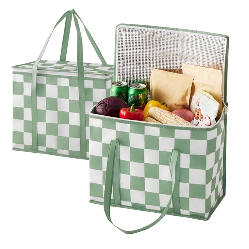 Ohocut Checkered Insulated Grocery Bags 2 Pack, Checkerboard Cooler Shopping Bags for Groceries, Insulated Bags for Food Delivery - color: Sage Green