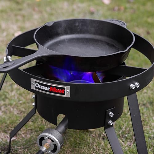 85000 BTU Camping Stove for Cast Iron Dutch Oven,Single Propane Burner with 10 PSI Regulator & Cast Iron Braided Holes, Heavy Duty Round Gas Stove for Outdoor Cooking & Camping - size: Single Burner - Standard