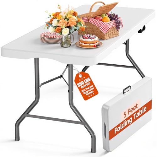 5ft Folding Table Heavy Duty 350 LBS Capacity Foldable Table with 18% Thicker HDPE Waterproof Top & Reinforced Steel Frame, Portable Fold-in-Half Table for Outdoor Indoor Party Wedding Camping - color: White, size: 5Ft