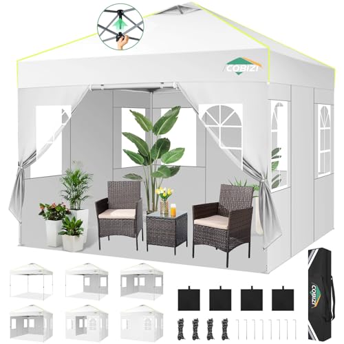COBIZI 10x10 Pop Up Canopy Tent with 4 Removable Sidewalls, One Push Party Tent Outdoor Waterproof Event Canopy with Air Vent for Parties Commercial Wedding, 3 Height, Carry Bag, Sandbag, White - color: White, size: 10x10【with 4 sidewalls】