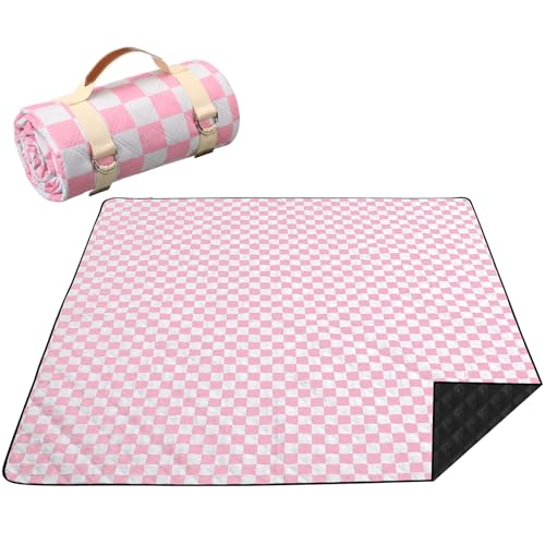 Nuanchu Checkered Picnic Blanket Extra Large Outdoor Blanket Sandproof 80"x80" Waterproof Portable Machine Washable 3 Layer Thick Gingham Picnic Mat for Beach Camping Park Grass Travel (Light Pink) - color: Light Pink