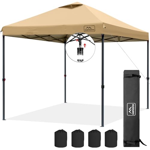 KAMPKEEPER One Person Setup 10x10 Pop up Canopy Tent, Instant Portable Canopy, One Push Outdoor Canopy with 3 Adjustable Heights, Wheeled Carry Bag, Bonus 8 Stakes(Khaki, 10x10FT with one Push) - color: Khaki, size: 10x10FT with one push