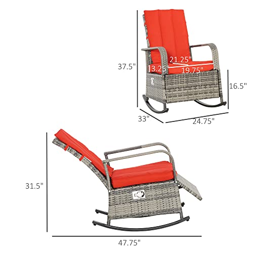 Outsunny Wicker Outdoor Rocking Chair, Patio Recliner with Adjustment Backrest, PE Rattan Lounge Chair with Adjustable Footrest and Cushions for Garden, Backyard, Porch, Red - color: Mixed Brown/Red
