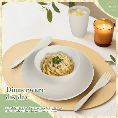 Wrova Wheat Straw Dinnerware Sets of 20,Dishwasher Safe Kitchen Plates and Bowls Sets,Camping Dishes Sets Contains Dinner Plates,Cereal Bowls,Drinking Cups and Flatware.(Beige) - color: Beige, size: 20 Pack