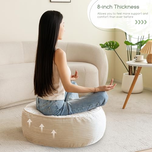HIGOGOGO 8" Extra Thick Floor Pillow Cushion for Adults, Meditation Cushion Pillow, Large Round Floor Sitting, Tufted Corduroy Cover, for Tatami Living Room or Yoga, 22x22 Inch, 2Pack, Beige - color: Round Beige, size: 8" Thick(Pack of 2)