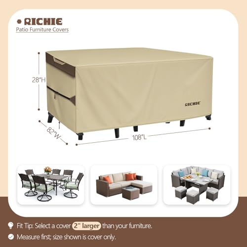 RICHIE Outdoor Patio Furniture Cover - Heavy Duty Waterproof 600D Tough Canvas Protector for Rectangular Table Cover, All-Season Dining Table and Chair Covers (108L x 82W x 28H Inch) - size: Rectangular-108"(L)x82"(W)