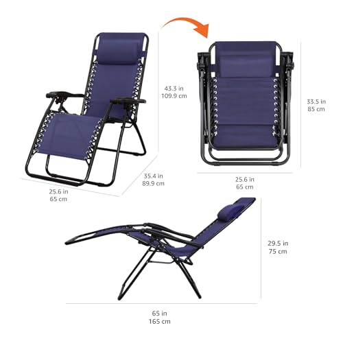 Amazon Basics Outdoor Portable Zero Gravity Reclining Lounge Chair with Headrest Pillow, Textilene, Lightweight, 26", Blue - color: Navy Blue