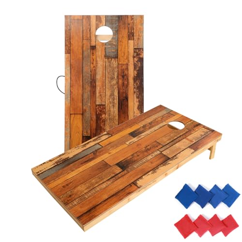 Solid Wood Premium Corn Hole Outdoor Game Set, 2 Regulation and Waterproof Cornhole Game Boards, with 8 Toss Bags, Perfect for Outdoor Indoor - style: Vintage Printed