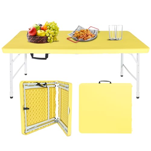 Portable Plastic Folding Table 4ft/6ft/8ft Heavy Duty White Black Picnic Dining Table Fold-in-Half for Camp Party Kitchen Indoor Outdoor - color: Light Yellow, size: 4FT, style: Flat Desktop