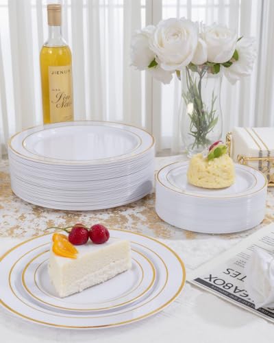 GATHER 700PCS Gold Plastic Plates - Whtie and Gold Disposable Dinnerware Sets 100Guest - 200 Disposable Plate, 300 Plastic Silverware, 100 Cups, 100 Napkins for Wedding & Party - color: Gold, size: 100 Guests