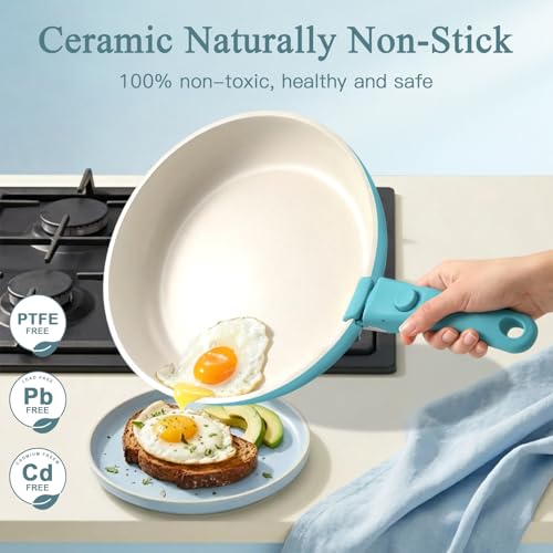 GIPP 5pcs Pots and Pans Set Non Stick, Nonstick Cookware Set Detachable Handle, Ceramic Pots for Cooking Non Stick with Removable Handle, RV Cookware Set for All Stoves, Light Blue Gradient - color: Light Blue Gradient, size: 5PCS