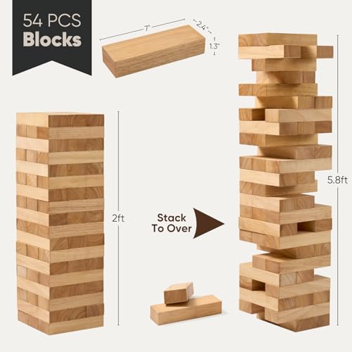 Giant Stacking Tower Game Over 5 FT - Premium Wooden Blocks Stacking Tower Game for Family Party, BBQ & Lawn Games - Natural