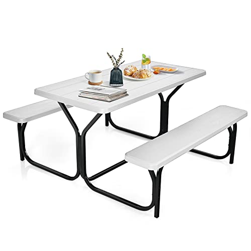 Moccha Picnic Table Bench Set - Portable Plastic Picnic Table w/Steel Frame & Wood-Like Texture, All Weather Heavy Duty Picnic Table Kit, Picnic Tables for Outdoors Garden Patio Party Dining (White) - color: White