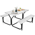 Moccha Picnic Table Bench Set - Portable Plastic Picnic Table w/Steel Frame & Wood-Like Texture, All Weather Heavy Duty Picnic Table Kit, Picnic Tables for Outdoors Garden Patio Party Dining (White) - color: White