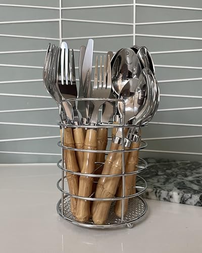 The Original Brink House Beyond Bamboo Stainless Steel Cutlery Set with Naturalistic Bamboo Handles / 16 pieces with Metal Stand, Lifestyle utensils set for home, first apartment, dorm, outdoor events - color: Beyond Bamboo, size: Service for 4 (16 pcs)