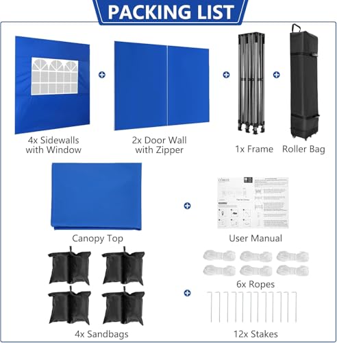 COBIZI 10x20 Heavy Duty Pop Up Canopy Tent with 6 Sidewalls Thicken Frame, Commercial Easy Up Outdoor Wedding Party Tents, All Season Waterproof Windproof with Stakes Sandbags Ropes Roller Bag, Denim - color: Denim, size: 10x20