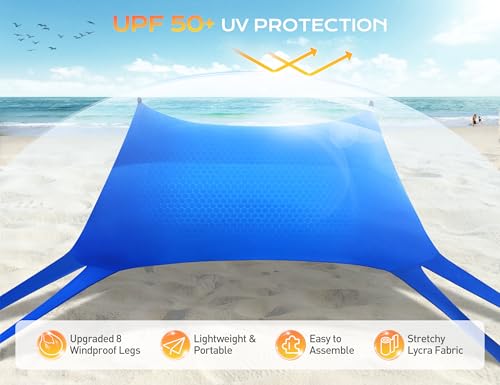 Rengue Beach Tent, Beach Canopy UPF50+ UV Protection, 10x10ft Beach Shade Sun Shelter with 8 Sandbags, Sand Shovels, Ground Pegs, Stability Poles for Camping, Fishing, Picnic, Backyard Fun, Royal Blue - color: Royal Blue