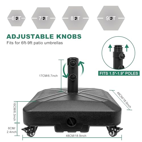 Patio Umbrella Base Heavy Duty with Wheels Square Market Stand for Outdoor 4 Locks 2 Knobs 125lb Capacity, Black - size: 125lb