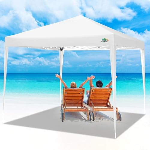 COBIZI 10x10 Pop Up Canopy Tent with 4 Sandbags, Easy Set Up Tent, Instant Outdoor Sun Shelter Canopy with 8 Stakes,4 Ropes&Carry Bag, Tents for Parties, Beach, Backyard,Camping(White) - color: White, size: 10x10FT without sidewall