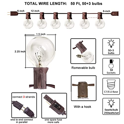 Abeja 50Ft Outdoor Patio String Lights with 53 Clear Globe G40 Bulbs,UL Certified for Patio Porch Backyard Deck Bistro Gazebos Pergolas Balcony Wedding Gathering Parties Markets Decor, Brown Wire - color: 50FT Amber White-Brown, size: 50FT