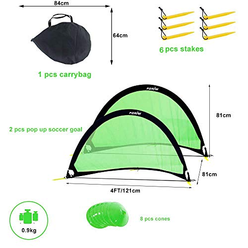 Poray Soccer Goal for Kid Easy-up Set of Two Portable Soccer Net 210D Oxford with 8 Field Marker Cones Extra Stakes Fun for Backyard and Soccer Training - color: Green, size: 4FT