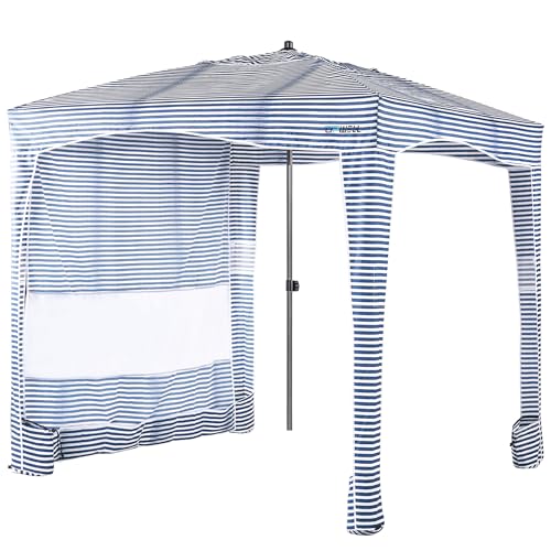 UPWELL Beach Tent Easy Set Up Canopy Sun Shelter Shade with UPF 50+UV Protection Portable Beach Umbrella Outdoor Sunwall with Sand Pockets for Fishing Backyard Camping(Tropical Ocean) - color: Navy Blue