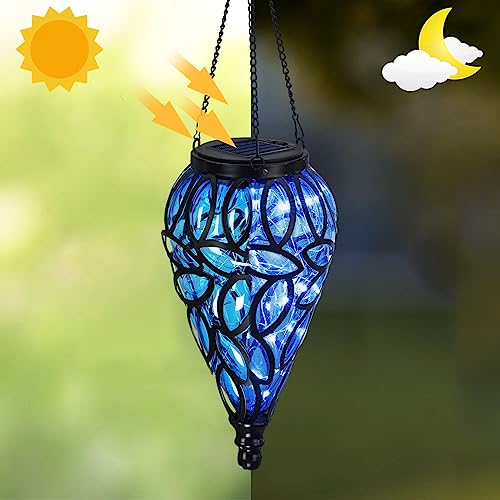 SUNNYPARK Outdoor Plastic Solar Hanging Lantern, 15 Cool White LEDs Twinkle Effect Tear-Shaped Hanging Lantern Decor Garden Decorative Solar Lights for Backyard, Patio and Lawn - style: Blue New