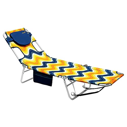 SUNNYFEEL Lay Flat Tanning Chair with Face Down Hole & Arm Slots, Backpack Beach Lounge Chair, 5-Position Folding Sunbathing Chair, 300 LBS Heavy Duty, 72" L x 22" W for Beach, Pool, Camping - color: Orange Wave, size: Standard -1pcs